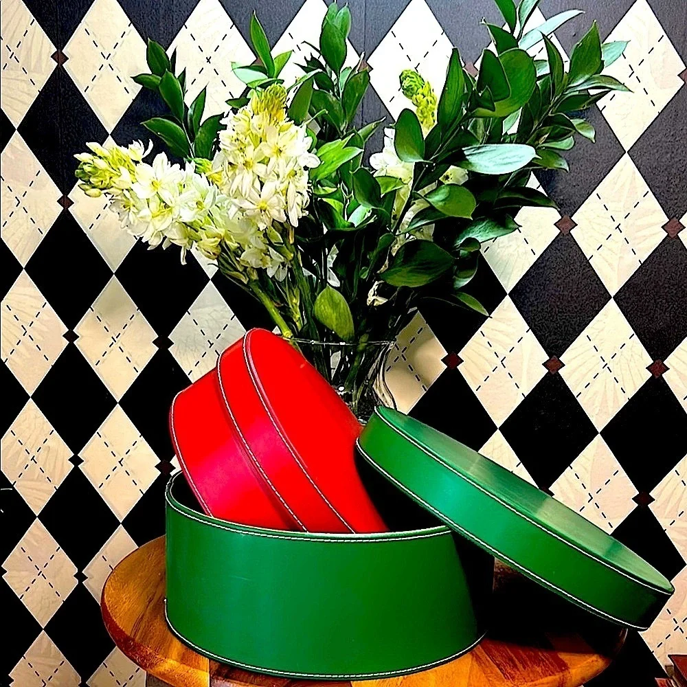 Nesting‎ Leather Boxes Set of 2 – Red & Green – Cylindrical Storage - Large